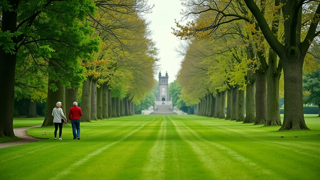 Grand estate parkland with manicured trees and walking paths through open grass areas