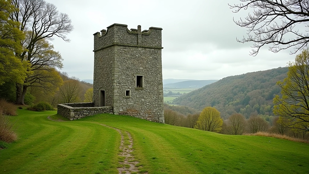 Historic folly tower with stone architecture visible across valley landscape