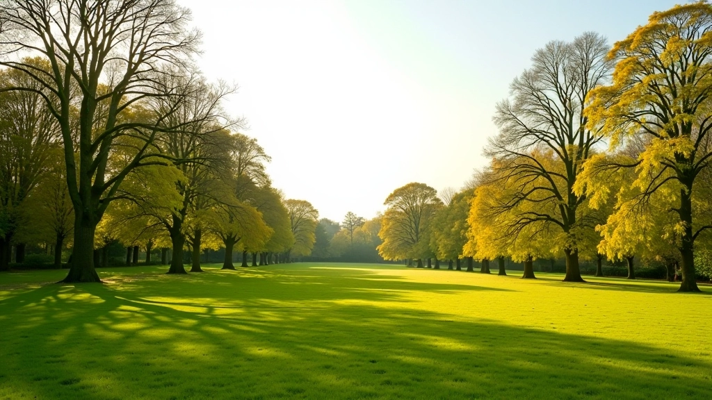 Sunlit parkland area with open grassy space and scattered mature trees at Wooded Demesne