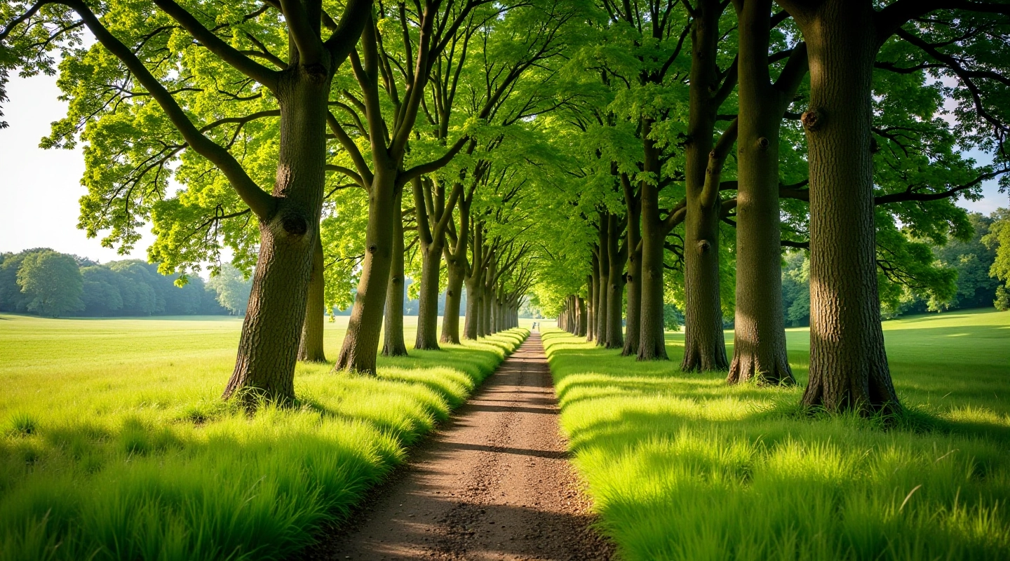 Parkland trail winding through mature trees with open grassland at Castletown Cox estate