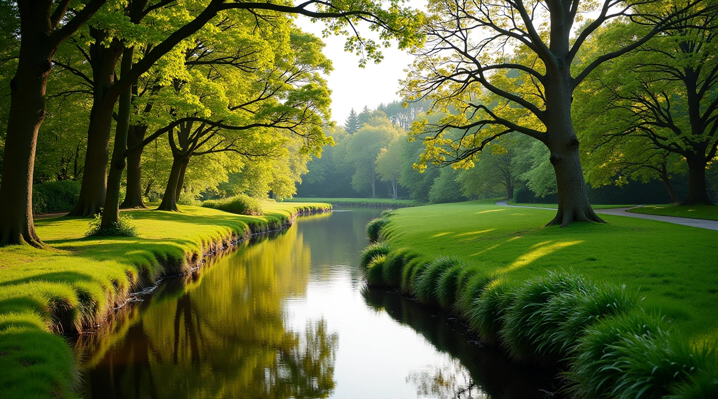 Peaceful riverside path along the Suir valley with water reflections and green banks on both sides