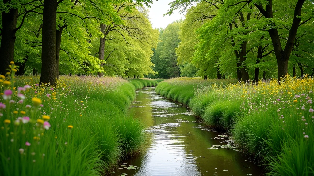 Riverside path in spring with fresh green foliage and wildflowers blooming along the water's edge
